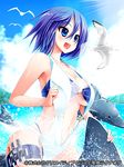  bikini bird blue_eyes blue_hair blush breasts cleavage cloud day dolphin gradient_hair knife knife_holster large_breasts multicolored_hair navel o-ring o-ring_bikini one-piece_swimsuit open_mouth pochadon riding seagull seiten_ragnarok short_hair sitting sky slingshot_swimsuit solo swimsuit swimsuit_under_swimsuit 