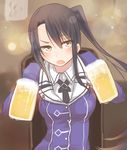  alcohol beer beer_mug black_hair brown_eyes commentary cup drunk holding holding_cup kantai_collection long_hair looking_at_viewer nachi_(kantai_collection) open_mouth side_ponytail solo tokoi 