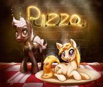  2015 cutie_mark duo english_text equine fan_character female feral food hair horse male mammal my_little_pony open_mouth pizza plate pony smile text tsitra360 wall 