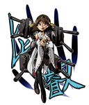 black_eyes brown_hair detached_sleeves hairband hiei_(kantai_collection) jamir japanese_clothes kantai_collection looking_at_viewer machinery nontraditional_miko open_mouth pointing pointing_at_viewer short_hair solo thighhighs translated turret wide_sleeves 