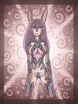  2013 animal_ears anthro armor blue_eyes breasts brown_fur clothed clothing female fishnet fur hair hi_res lagomorph legwear looking_at_viewer mammal melfina navel purple_hair rabbit raptor007 skimpy smile solo teeth unconvincing_armor white_fur 