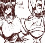  breast_press breasts choker cleavage cross cross_necklace eyepatch hair_over_one_eye huge_breasts jewelry long_hair looking_at_viewer multiple_girls necklace parasoul_(skullgirls) ribbed_sweater shiro_gisu sketch skullgirls surgical_mask sweater symmetrical_docking turtleneck valentine_(skullgirls) 