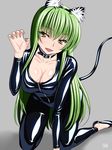  animal_ears black_bodysuit bodysuit breasts c.c. cat_ears catsuit choker claw_pose cleavage code_geass green_hair large_breasts latex long_hair sen_(sansui) skin_tight yellow_eyes 