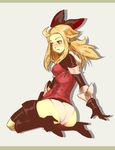  ahoge ass black_gloves blonde_hair blue_eyes blush boots bow bravely_default:_flying_fairy bravely_default_(series) breasts daga edea_lee gloves hair_bow high_heel_boots high_heels long_hair panties pink_panties sitting small_breasts solo thighhighs underwear wariza 
