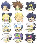  6+boys bespectacled chibi glasses hat higashikata_jousuke higashikata_jousuke_(jojolion) johnny_joestar jojo_no_kimyou_na_bouken jojolion jonathan_joestar joseph_joestar_(young) kuujou_jolyne kuujou_joutarou multiple_boys multiple_persona steel_ball_run toujou_sakana 