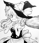  bow braid broom clown_222 greyscale hair_bow hat highres kirisame_marisa long_hair millipen_(medium) monochrome one_eye_closed open_mouth shikishi signature solo touhou traditional_media witch_hat 