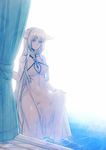  animal_ears backlighting bare_arms bare_shoulders blue_eyes breasts cleavage curtains dress fox_ears jewelry konshin large_breasts necklace original pendant see-through silver_hair solo water wet wet_clothes wet_dress white_dress white_hair 
