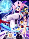  blue_eyes breasts covered_navel dress fingernails full_moon gradient_hair head_wings horns large_breasts long_hair moon multicolored_hair nail_polish night night_sky oni_horns open_mouth outstretched_hand pink_hair planet pochadon pointy_ears red_nails scythe seiten_ragnarok sharp_fingernails sky solar_system solo star_(sky) strapless strapless_dress 