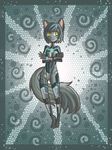  2013 animal_ears anthro blue_hair breasts clothed clothing crossed_arms feline female fur green_fur green_skin grey_fur grey_skin hair hi_res kara legwear mammal raptor007 skimpy solo spacesuit yellow_eyes 