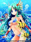  aqua_hair bikini blue_eyes fish gradient_hair head_fins long_hair multicolored_hair navel pochadon pointy_ears seiten_ragnarok shiny shiny_skin solo strap_gap striped striped_bikini swimsuit 