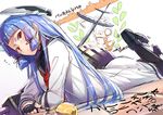  absurdres bad_id bad_pixiv_id ball black_legwear blue_hair character_name dress dutch_angle fingerless_gloves flick gloves hair_ribbon headgear highres kantai_collection long_hair long_sleeves looking_at_viewer lying murakumo_(kantai_collection) neckerchief neropaso on_stomach pantyhose red_eyes ribbon sailor_dress solo 