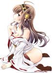  ahoge blue_eyes boots breasts brown_hair chize cleavage detached_sleeves hairband japanese_clothes kantai_collection kongou_(kantai_collection) large_breasts long_hair looking_at_viewer no_pants nontraditional_miko off_shoulder partially_undressed sitting solo thigh_boots thighhighs wariza wide_sleeves 