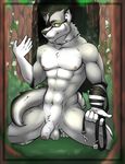  1_eye abs anthro balls barefoot biceps canine forest leash looking_at_viewer male mammal manly muscles navel necklace nipples nude open_mouth outside pecs penis raised_arm requiembeatz sitting smile solo tree uncut wolf 