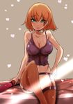  absurdres breasts camisole collarbone convenient_censoring garter_belt green_eyes highres large_breasts looking_at_viewer miyamori_aoi norman_maggot orange_hair sex_toy shirobako short_hair solo thighhighs 