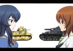  blue_eyes blue_hair blush brown_eyes brown_hair caterpillar_tracks cavalry_tank eclair_(girls_und_panzer) girls_und_panzer girls_und_panzer_gekitou!_maginot-sen_desu!! ground_vehicle letterboxed lips long_hair looking_at_another maginot_military_uniform military military_uniform military_vehicle motor_vehicle multiple_girls nishizumi_miho ooarai_school_uniform panzerkampfwagen_iv portrait profile s35 saitaniya_ryouichi school_uniform short_hair spade_(shape) tank uniform white_background 