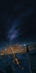  breath building city_lights cityscape dark dutch_angle hands_in_pockets highres horizon looking_away male_focus night night_sky original pochi_(poti1990) rooftop ruins scarf scenery sky skyscraper solo standing star_(sky) starry_sky tree trench_coat wind 