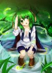  absurdres antennae biburu breasts cape cleavage fireflies flower grass green_eyes green_hair hand_in_hair hand_on_own_knee head_tilt highres in_water light_trail lily_of_the_valley looking_at_viewer medium_breasts moss open_mouth rock short_hair sidelocks sitting solo touhou wet wet_clothes wet_hair wriggle_nightbug 