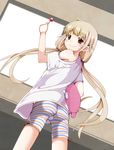  ass bike_shorts blonde_hair blush brown_eyes candy food futaba_anzu highres idolmaster idolmaster_cinderella_girls lollipop long_hair looking_at_viewer off_shoulder shirt smile solo striped striped_bike_shorts stuffed_animal stuffed_toy t-shirt takara_akihito twintails 