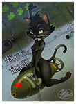  2015 anthro black_fur bomb cat clover english_text explosives feline female fernando_faria friday_the_13th fur green_eyes mammal nose_art riding solo text 