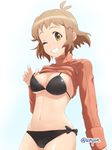  ;) antenna_hair bikini bikini_pull bikini_under_clothes black_bikini blush breasts brown_hair cleavage clothes_lift grin hair_ornament hairclip highres looking_at_viewer medium_breasts navel one_eye_closed orange_shirt ribbed_sweater senki_zesshou_symphogear shirt short_hair side-tie_bikini simple_background smile solo stomach sweater sweater_lift swimsuit swimsuit_under_clothes tachibana_hibiki_(symphogear) twitter_username unyon yellow_eyes 