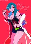  bad_id bad_tumblr_id blue_hair bottle breasts cleavage cup d-ryuu drinking_glass eyeshadow hair_down half-closed_eyes happy_valentine large_breasts makeup nightgown off_shoulder one_eye_closed red_background red_eyes scar skullgirls solo strap_slip valentine valentine_(skullgirls) wine_glass 