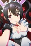  bangs black_hair choker finger_to_mouth frilled_choker frills hair_between_eyes lace-up looking_at_viewer love_live! love_live!_school_idol_project maid maid_headdress mogyutto_&quot;love&quot;_de_sekkin_chuu! nail_polish parted_lips pink_nails reaching_out red_eyes self_shot solo twintails wokami yazawa_nico 