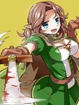  3678177 :d belt blood bloody_weapon blue_eyes breasts brown_hair cleavage gloves large_breasts long_hair open_mouth pointy_ears rosalie_(sennen_sensou_aigis) sennen_sensou_aigis smile sword upper_body wavy_hair weapon yellow_background 