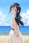  aragaki_ayase beach black_hair blue_eyes blue_sky cloud day dress from_behind highres light_rays light_smile long_hair looking_back ore_no_imouto_ga_konna_ni_kawaii_wake_ga_nai outdoors sky smile_(rz) solo sunbeam sunlight white_dress 