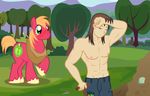  2015 abs badumsquish big_eyed big_macintosh_(mlp) blonde_hair blush brown_hair clothing cutie_mark duo equine eyes_closed freckles friendship_is_magic green_eyes hair horse human male mammal muscles my_little_pony outside pony sweat torn_clothing tree 