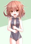  brown_eyes brown_hair covered_navel front_zipper_swimsuit highres ikazuchi_(kantai_collection) kantai_collection meme_attire one-piece_swimsuit short_hair sumioo_(sumikko_no_ousama) swimsuit 