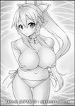 artist_name bikini bikini_bottom blush braid breast_hold breasts choker collarbone covering covering_breasts elf greyscale leafa long_hair looking_at_viewer monochrome navel nightmare77zx parted_lips pointy_ears ponytail side-tie_bikini solo swimsuit sword_art_online topless traditional_media twin_braids 