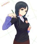  black_eyes black_hair blush copyright_name flower lips long_hair long_sleeves pencil sasamori_tomoe shiny shiny_hair shirobako skirt smile solo twintails yasuhara_ema 