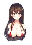  akagi_(kantai_collection) bikini blush breast_hold breasts brown_eyes brown_hair cleavage covered_nipples highres kantai_collection large_breasts light_smile long_hair looking_at_viewer micro_bikini mochiko_(mocchikkoo) off_shoulder red_bikini simple_background sketch solo swimsuit upper_body white_background 