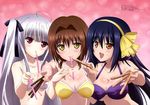  :d absolute_duo absurdres ahoge bare_shoulders between_breasts bikini blue_hair blush breasts brown_eyes brown_hair cleavage food food_on_face hair_intakes hair_ribbon hairband heart highres hotaka_miyabi large_breasts long_hair mouth_hold multiple_girls open_mouth outstretched_arm pocky purple_bikini purple_eyes ribbon sidelocks silver_hair small_breasts smile swimsuit tachibana_tomoe_(absolute_duo) two_side_up upper_body white_bikini yamada_yuuko yellow_bikini yellow_eyes yurie_sigtuna 