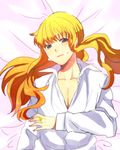  androgynous awaji_masaru blonde_hair blue_eyes jewelry long_hair lying male_focus on_back open_clothes open_shirt ring shirt umineko_no_naku_koro_ni ushiromiya_lion 