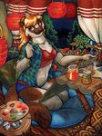  2015 anthro artist blue_eyes breasts cushion female forrest kalahari lantern looking_at_viewer mammal mustelid necklace paint paws rug sitting smile solo table weasel window 