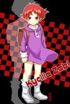  1girl backpack bag character_name checkered female gundam kycilia_zabi lowres machinosuke mobile_suit_gundam purple_eyes red_hair solo younger 