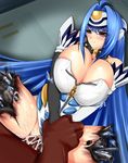  1girl amputee android blue_hair breasts bursting_breasts cleavage clothed_sex crying cum cum_in_pussy cyborg damaged defeated drooling ekikyabe electricity forced helpless huge_breasts kos-mos long_hair rape red_eyes restrained sex tears vaginal xenosaga xenosaga_episode_i 