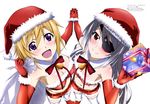  2girls :d absurdres animedia breasts charlotte_dunois christmas cleavage eyepatch hat highres infinite_stratos laura_bodewig magazine_scan multiple_girls official_art open_mouth santa_hat scan smile thighhighs yamamoto_shuuhei 