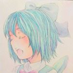  acrylic_paint_(medium) blue_hair bow bowtie cirno closed_eyes collared_shirt eyelashes graphite_(medium) hair_bow ice ice_wings looking_to_the_side open_mouth portrait shirt short_hair smile solo touhou traditional_media vest watercolor_(medium) wings yuyu_(00365676) 