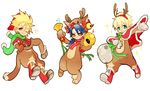  animal_costume antlers archer_(fate/prototype) arthur_pendragon_(fate) bell blonde_hair blue_hair chibi cu_chulainn_(fate/prototype) fate/prototype fate_(series) green_eyes male_focus multiple_boys red_eyes reindeer_antlers reindeer_costume scarf touwa 