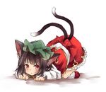 :o all_fours animal_ears brown_hair cat_ears cat_tail chen earrings frilled_skirt frills hat jewelry long_sleeves looking_at_viewer mob_cap multiple_tails nail_polish nekomata open_mouth red_eyes red_nails shirt single_earring skirt skirt_set solo tail touhou toutenkou white_background 
