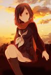  black_hair black_legwear building c6h4cl2 cloud cloudy_sky hair_ornament hairclip highres kagerou_project kneehighs looking_at_viewer red_eyes red_scarf scarf school_uniform short_hair sky solo straight_hair sunset tateyama_ayano 