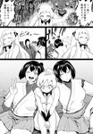  airfield_hime bifidus comic commentary girl_sandwich greyscale horns hyuuga_(kantai_collection) ise_(kantai_collection) japanese_clothes kantai_collection monochrome multiple_girls nervous one_eye_closed ribbon-trimmed_sleeves ribbon_trim ru-class_battleship sandwiched shinkaisei-kan smile translated undershirt v water_gun wo-class_aircraft_carrier 