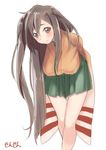  alternate_hair_length alternate_hairstyle arms_behind_back artist_name blush brown_eyes brown_hair hiryuu_(kantai_collection) japanese_clothes kantai_collection leaning_forward long_hair one_side_up sensen skirt smile solo translated very_long_hair white_background 