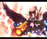  alternate_weapon arm_cannon arm_up backlighting bad_id bad_pixiv_id black_legwear black_wings bow breasts brown_hair burnt_clothes cape frown glowing glowing_eye glowing_eyes green_skirt hair_bow hand_up highres large_breasts large_wings letterboxed long_hair mismatched_footwear outstretched_arm outstretched_hand panties puffy_short_sleeves puffy_sleeves reiuji_utsuho rouge16 serious short_sleeves skirt solo sparkle star_(sky) striped striped_panties sunlight thighhighs touhou underwear weapon wind wings yellow_eyes 