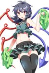  antenna_hair armpits asymmetrical_wings bare_shoulders black_hair cheerleader e.o. highres houjuu_nue layered_skirt looking_at_viewer midriff navel open_mouth pom_poms red_eyes short_hair solo tank_top thighhighs touhou tsurime wings zettai_ryouiki 