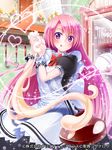  :p apron chef_hat chocolate chocolate_heart cream glass hat heart long_hair looking_at_viewer official_art pink_hair pochadon purple_eyes seiten_ragnarok solo sparkle star tongue tongue_out valentine 