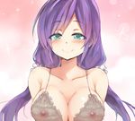  bad_id bad_pixiv_id blush bra breasts covered_nipples green_eyes large_breasts long_hair looking_at_viewer love_live! love_live!_school_idol_project nipples purple_hair see-through smile toujou_nozomi twintails underwear upper_body yostxxx 