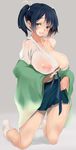  afukuro bad_id bad_pixiv_id bare_shoulders blue_eyes blue_hair blush breasts covered_nipples grey_background hair_ribbon highres japanese_clothes kantai_collection kneehighs kneeling large_breasts nipples off_shoulder open_mouth pubic_hair ribbon see-through short_hair simple_background skirt smile solo souryuu_(kantai_collection) twintails undressing white_legwear 